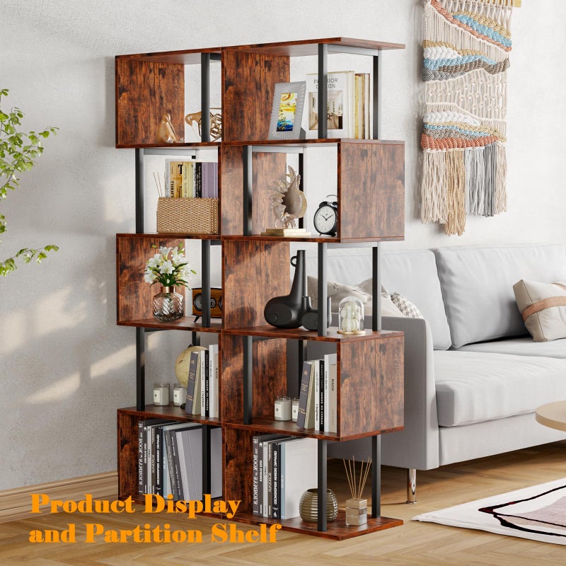 Furologee 6 Tier Bookshelf, Tall S Shaped Geometric Bookcase, Modern Display Shelf Standing Unit, Wood Metal Decorative Divider Rack for Living Room Bedroom Office, Rustic Brown - Image 2