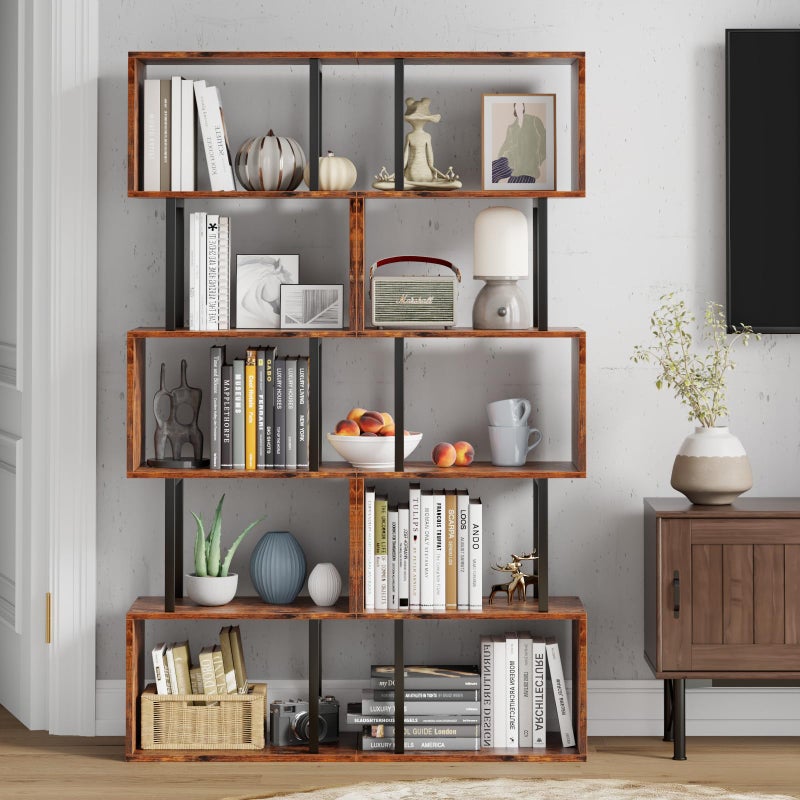 Furologee 6 Tier Bookshelf, Tall S Shaped Geometric Bookcase, Modern Display Shelf Standing Unit, Wood Metal Decorative Divider Rack for Living Room Bedroom Office, Rustic Brown - Image 5
