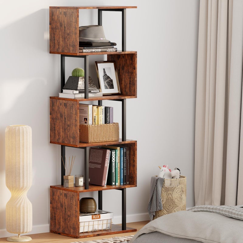 Furologee 6 Tier Bookshelf, Tall S Shaped Geometric Bookcase, Modern Display Shelf Standing Unit, Wood Metal Decorative Divider Rack for Living Room Bedroom Office, Rustic Brown - Image 4