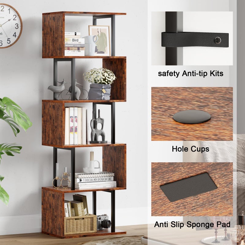 Furologee 6 Tier Bookshelf, Tall S Shaped Geometric Bookcase, Modern Display Shelf Standing Unit, Wood Metal Decorative Divider Rack for Living Room Bedroom Office, Rustic Brown - Image 3