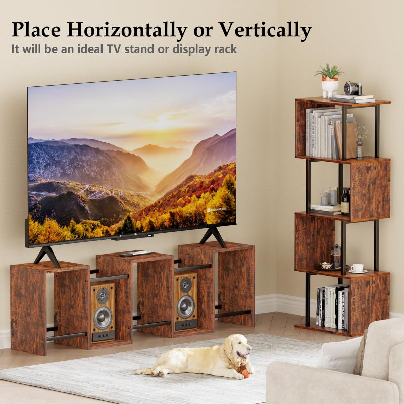 Furologee 6 Tier Bookshelf, Tall S Shaped Geometric Bookcase, Modern Display Shelf Standing Unit, Wood Metal Decorative Divider Rack for Living Room Bedroom Office, Rustic Brown - Image 1