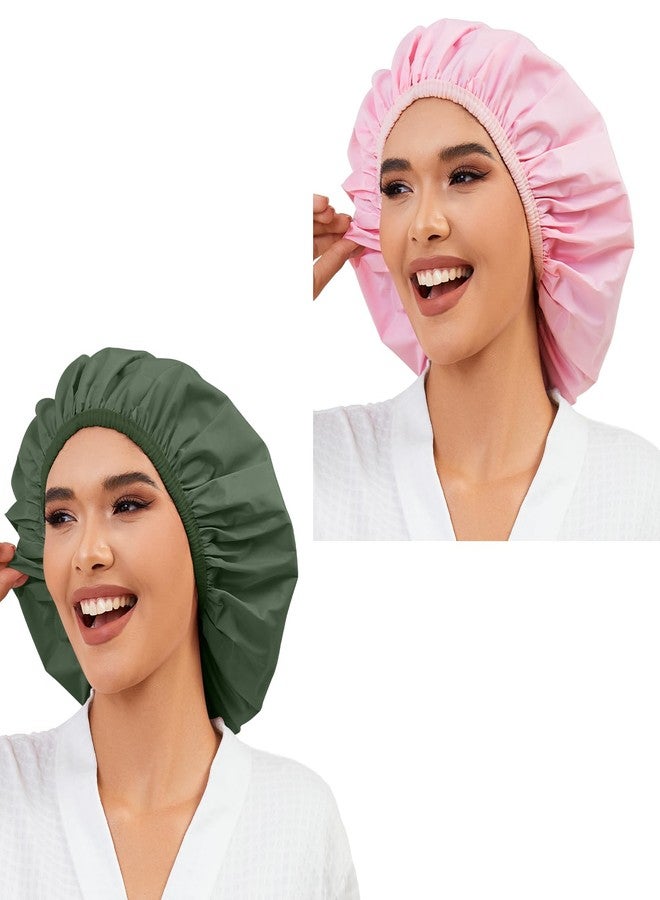 Selalu 2 Pack Shower Caps for Women, Reusable Waterproof Shower Cap with Elastic Band, Thickened Waterproof Fabric Shower Bonnet for Braids, Long Hair (Pink and Green) - Image 1