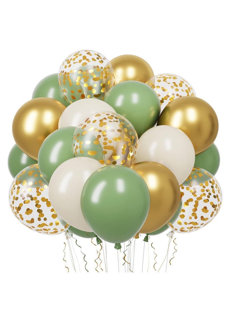 62Pcs Sage Green Balloon Kit,12Inch Sage Green Gold Confetti Balloons,Sand White Metallic Gold Party Balloon with Ribbon for Birthday Party,Baby Shower Decoration,Wedding,Graduation,Eucalyptus Party - Image 1