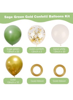 Generic 62Pcs Sage Green Balloon Kit,12Inch Sage Green Gold Confetti Balloons,Sand White Metallic Gold Party Balloon with Ribbon for Birthday Party,Baby Shower Decoration,Wedding,Graduation,Eucalyptus Party  - Image 2