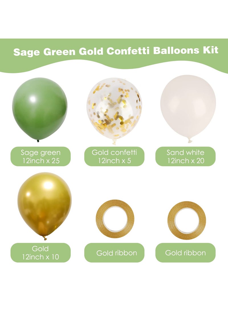 62Pcs Sage Green Balloon Kit,12Inch Sage Green Gold Confetti Balloons,Sand White Metallic Gold Party Balloon with Ribbon for Birthday Party,Baby Shower Decoration,Wedding,Graduation,Eucalyptus Party - Image 2