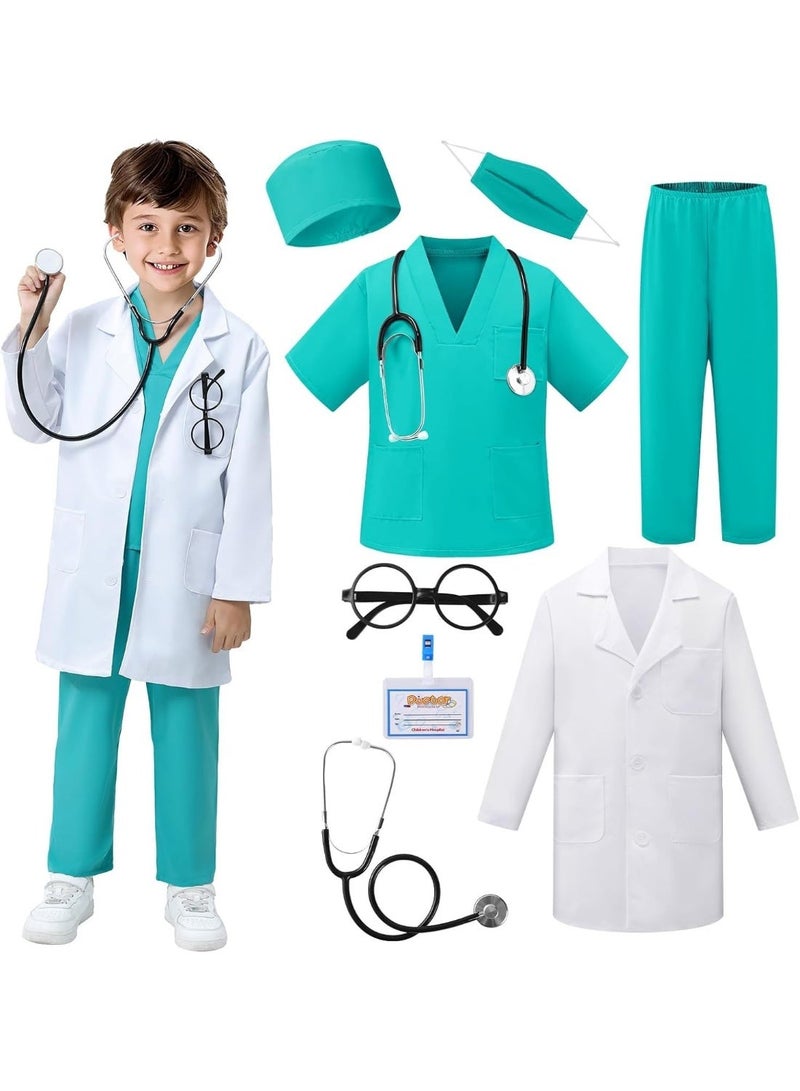 YOUWE7 Doctor Costume for Kids Scrubs for Girls Boys,8PCS Pretend Play & Dress Up Clothes for Kids, Costumes for Girls Doctor Kit for with Accessories, for 3-12 Toddler Little - Image 1