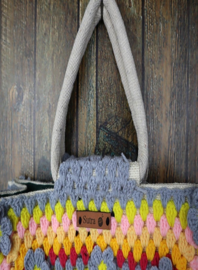 Sutra Handmade Wool Crochet Yellow Grey Floral Tote Bag | Boho Shoulder Purse | Eco-Friendly Reusable Tote Bag | Summer Beach Handbag for Women Girls - Image 5