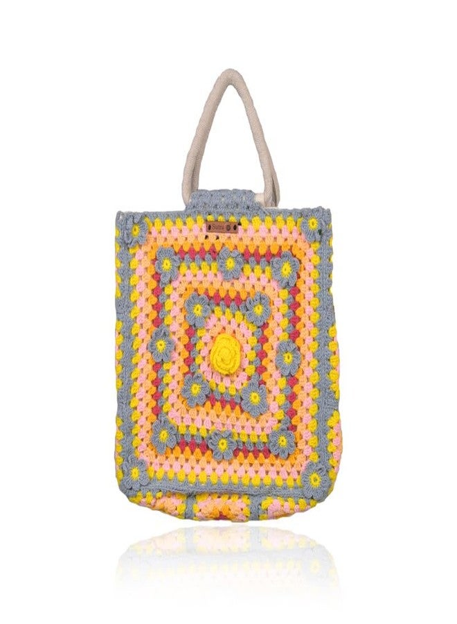 Sutra Handmade Wool Crochet Yellow Grey Floral Tote Bag | Boho Shoulder Purse | Eco-Friendly Reusable Tote Bag | Summer Beach Handbag for Women Girls - Image 1