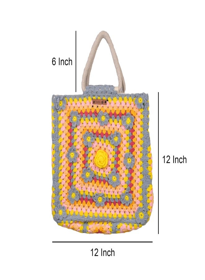 Sutra Handmade Wool Crochet Yellow Grey Floral Tote Bag | Boho Shoulder Purse | Eco-Friendly Reusable Tote Bag | Summer Beach Handbag for Women Girls - Image 2