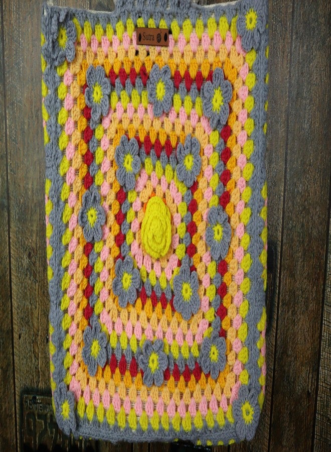 Sutra Handmade Wool Crochet Yellow Grey Floral Tote Bag | Boho Shoulder Purse | Eco-Friendly Reusable Tote Bag | Summer Beach Handbag for Women Girls - Image 3