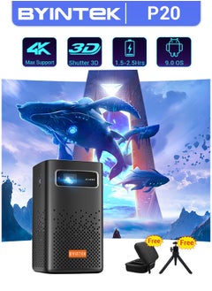 BYINTEK Mini Projector 3D, P20 Battery Powered Portable HD DLP Wifi Projector,Supports 4K, Android 9.0 OS, Wireless Smartphone Display, with Tripod and bag