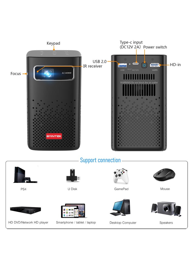 BYINTEK - BYINTEK Mini Projector 3D, P20 Battery Powered Portable HD DLP Wifi Projector,Supports 4K, Android 9.0 OS, Wireless Smartphone Display, with Tripod and bag - Image 1