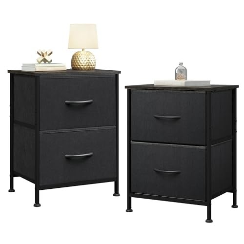WLIVE Black Nightstand Set of 2 Night Stand with 2 Fabric Drawers Small Dresser for Bedroom Bedside Tables for Small Spaces Dorm Wood Top