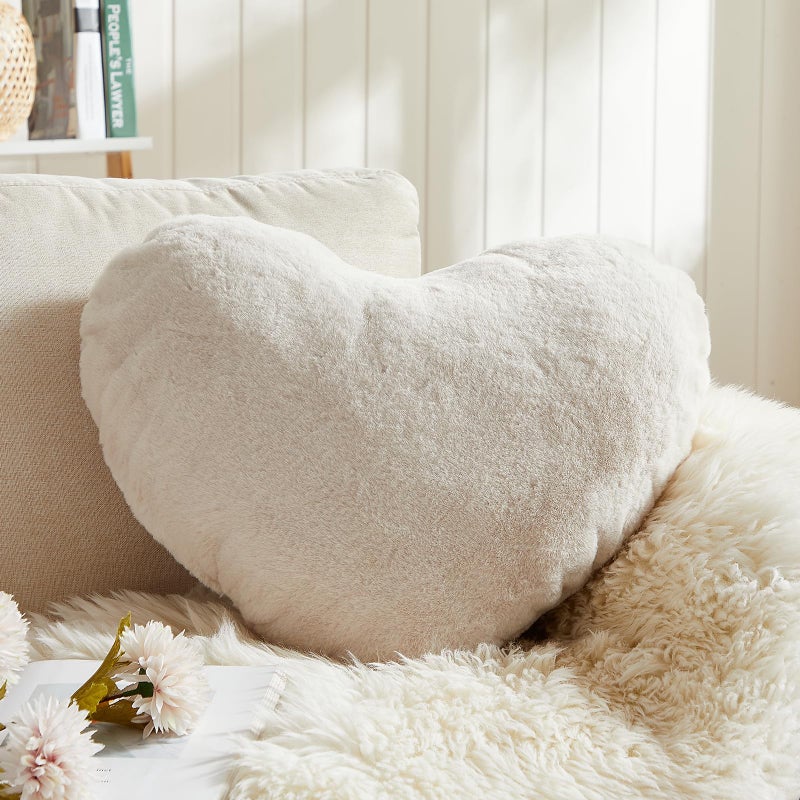 EastTree Heart Pillows  Beige Heart Shaped Pillows  Love Throw Pillows Gifts  Ultra Faux Rabbit Fur Soft Small Cute Fluffy Pillows  Women Girls Kid Living Room Decor 10x13 Inch - Image 1