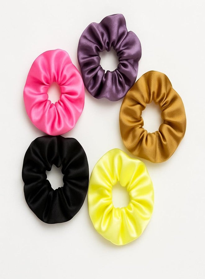 Haya's Closet Haya Hair Satin Scrunchies Pack of 5 Multicolor Silk Scrunchies Set for Hairs, Perfect Hair Band, Ponytail and Hair Ties Accessories for Girls, Women and Kids (Large) - Image 1
