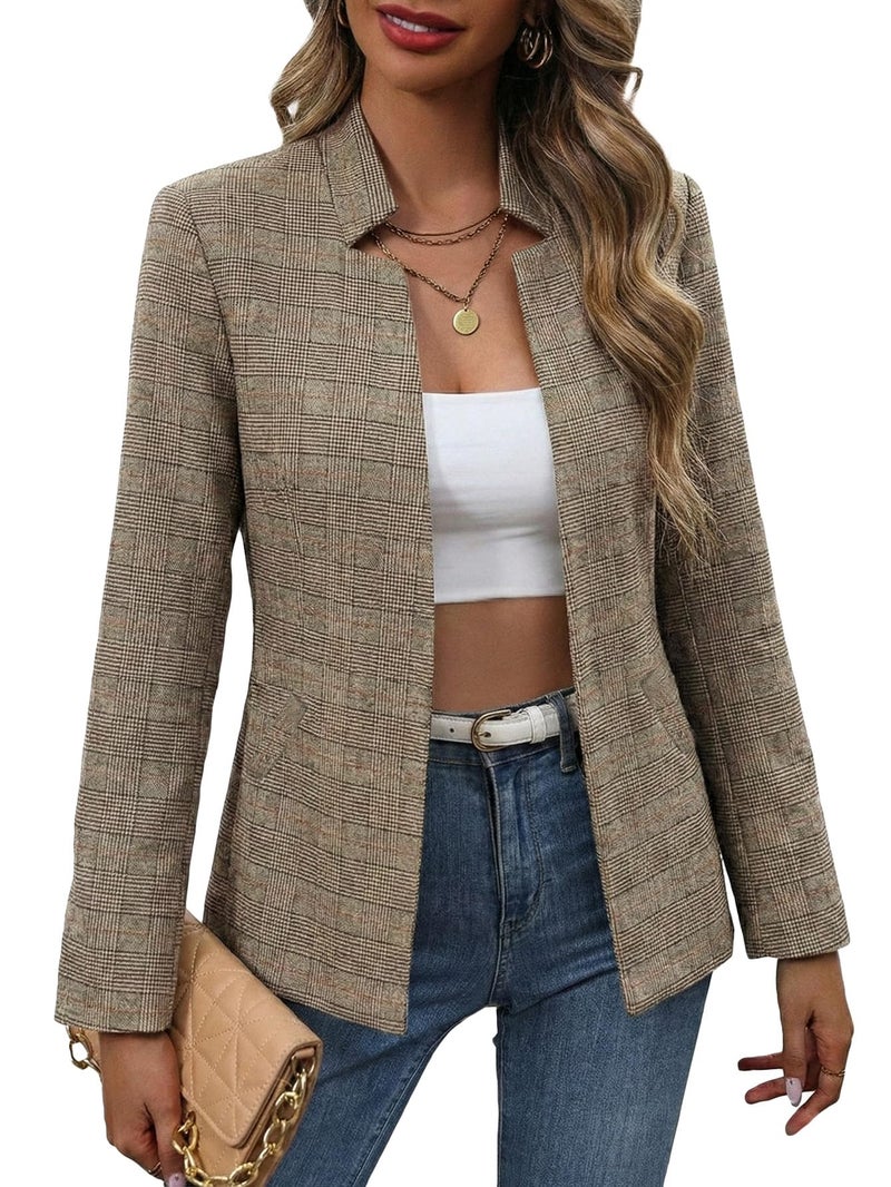 Mina Self Plaid Blazer Jacket for Women 2026 Houndstooth Fall Womens Khaki Brown Chocolate Clothes Women's Blazers Lightweight Casual Fitted Trendy Business Jackets Work Professional Fashion Dressy - Image 1