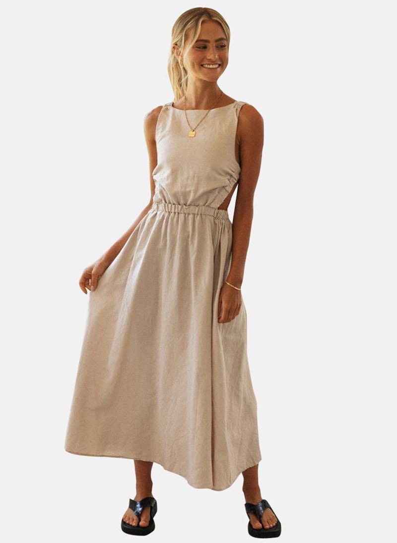 YUNIQEE Off White Boat Neck Solid Fit & Flared Dress  - Image 1