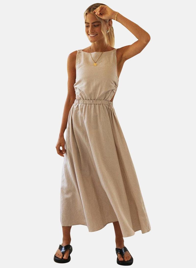 YUNIQEE Off White Boat Neck Solid Fit & Flared Dress  - Image 5