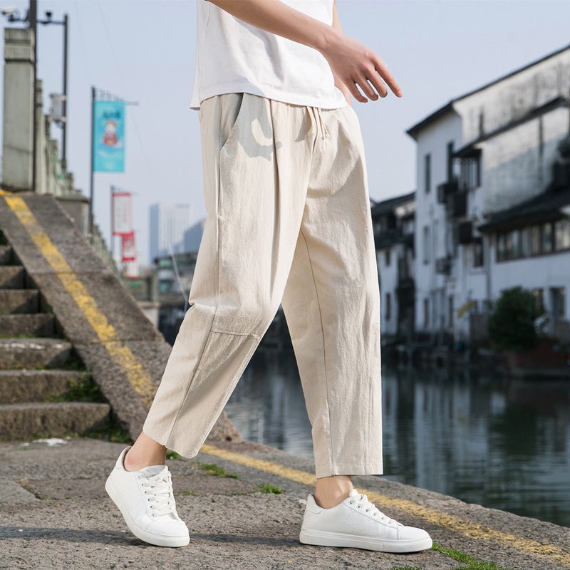 New Chinese Style Cotton and Linen Pants Mens Summer Thin Loose Wide Leg Pants Cotton and Linen Harlan Casual Pants Simple Ankle-length Pants for Men Khaki  - Image 1