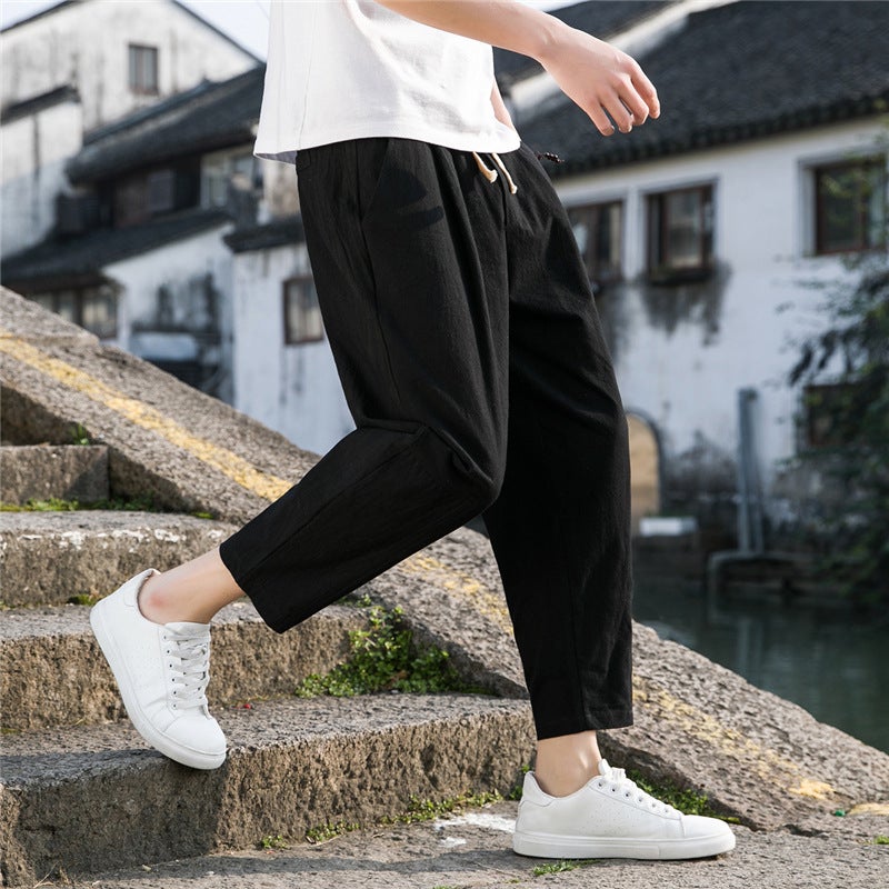 New Chinese Style Cotton and Linen Pants Mens Summer Thin Loose Wide Leg Pants Cotton and Linen Harlan Casual Pants Simple Ankle-length Pants for Men Khaki  - Image 3
