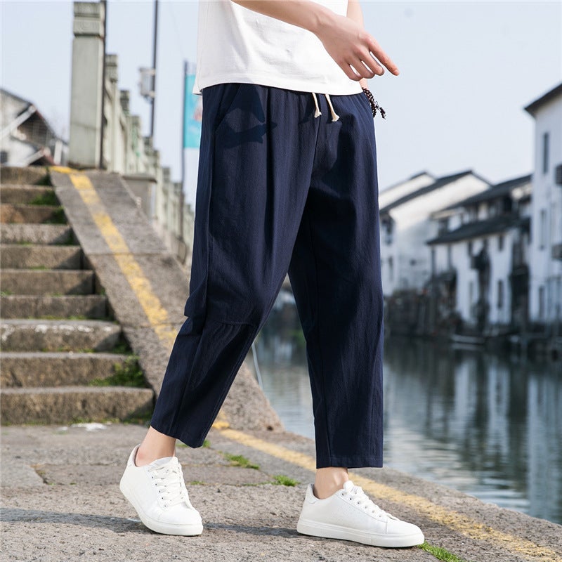 New Chinese Style Cotton and Linen Pants Mens Summer Thin Loose Wide Leg Pants Cotton and Linen Harlan Casual Pants Simple Ankle-length Pants for Men Khaki  - Image 4