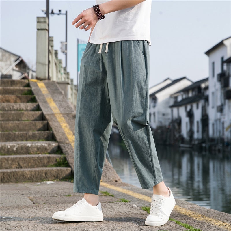 New Chinese Style Cotton and Linen Pants Mens Summer Thin Loose Wide Leg Pants Cotton and Linen Harlan Casual Pants Simple Ankle-length Pants for Men Khaki  - Image 5