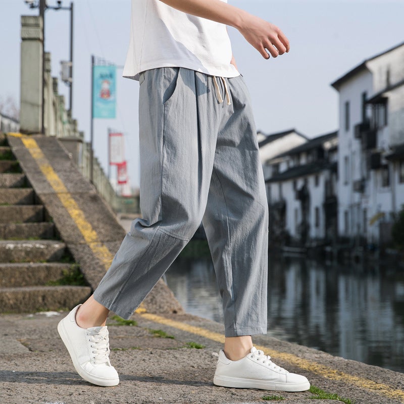 New Chinese Style Cotton and Linen Pants Mens Summer Thin Loose Wide Leg Pants Cotton and Linen Harlan Casual Pants Simple Ankle-length Pants for Men Khaki  - Image 2