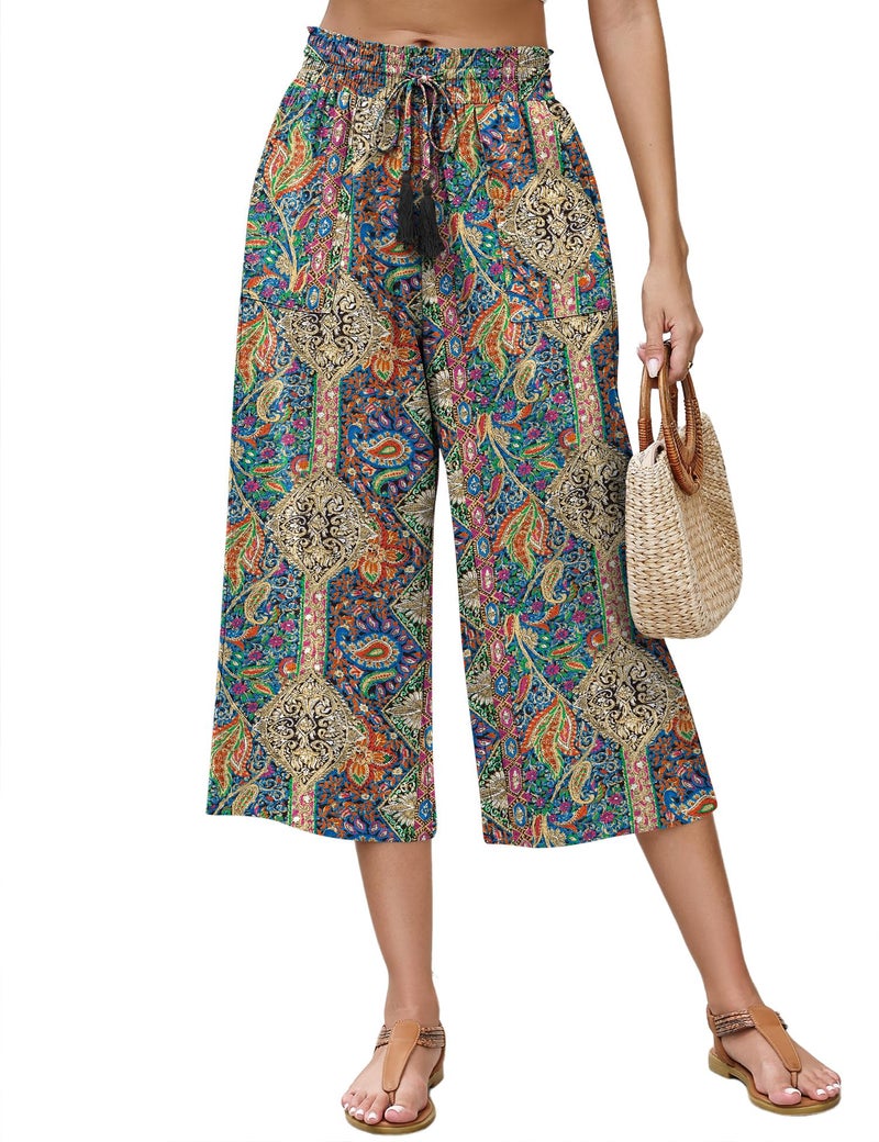 LOMON Womens Capri Pants Summer Vacation 2025 Fashion Outfits Clothes Loose High Waisted Wide Leg Lounge Pants Drawstring Baggy Flowy Casual Palazzo Trousers with Pockets Boho Floral Small - Image 1