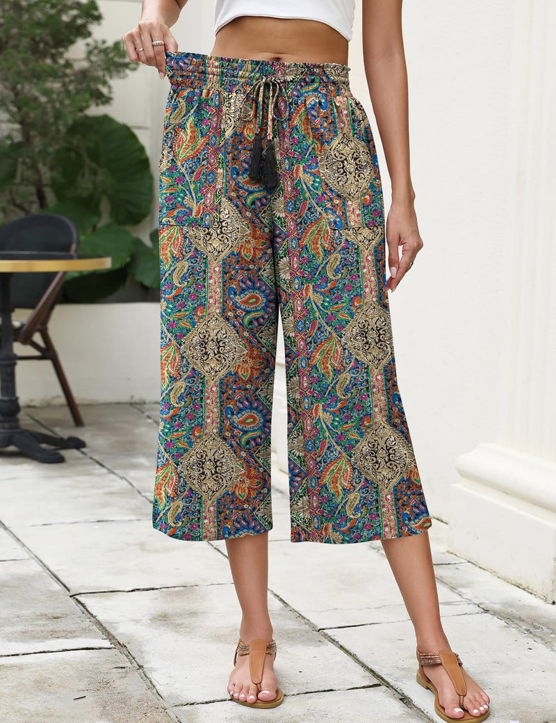 LOMON Womens Capri Pants Summer Vacation 2025 Fashion Outfits Clothes Loose High Waisted Wide Leg Lounge Pants Drawstring Baggy Flowy Casual Palazzo Trousers with Pockets Boho Floral Small - Image 4