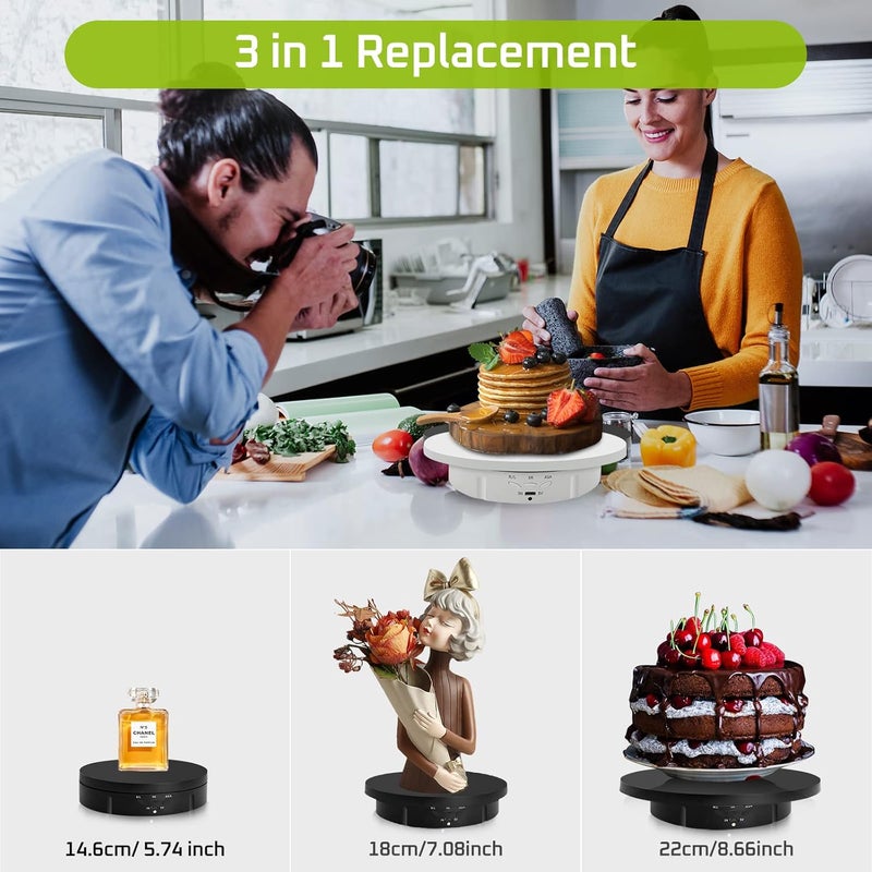 JAYEGT 3 in 1 Motorized Rotating Display Stand with 5.74/7.08/8.66 inch Replacement Cover，Max 22lbs Load , 3D Models, Cake -White - Image 4