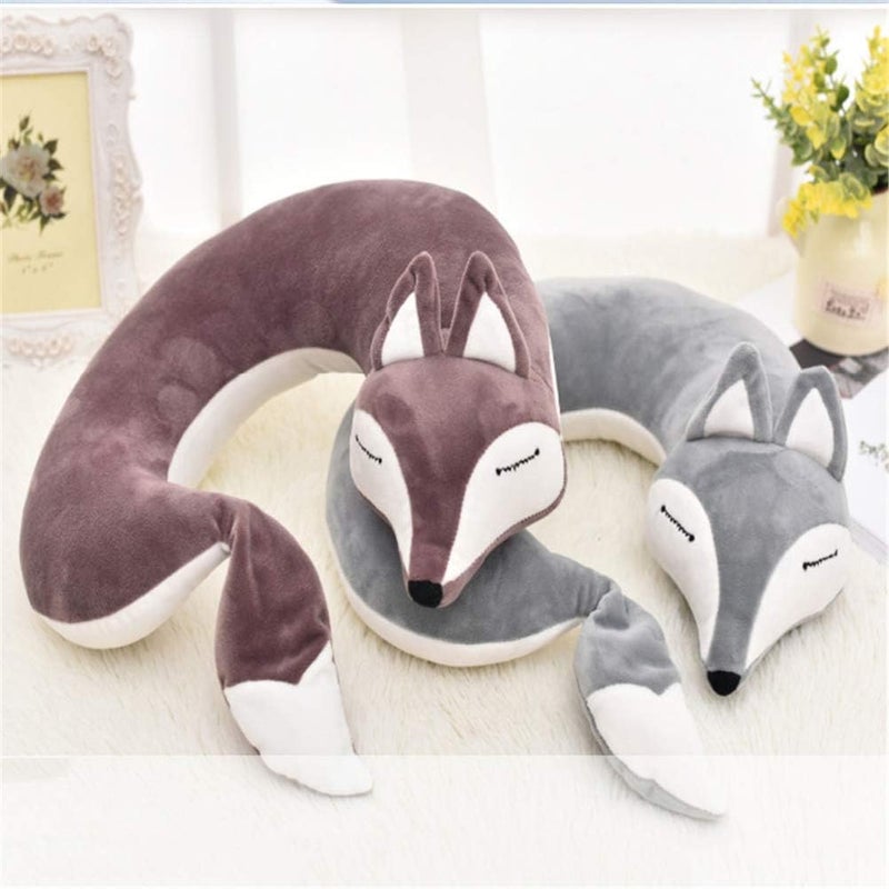 jidachuang Travel Pillows Planes Fox Animal U-Shaped Neck Pillow Plush Fur Warm Cartoon Comfortable Luggage Pillow for Airplanes Car Train (A-Grey) - Image 4