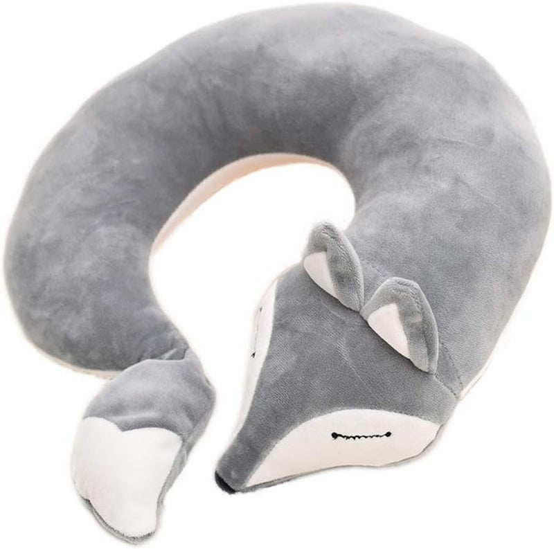 jidachuang Travel Pillows Planes Fox Animal U-Shaped Neck Pillow Plush Fur Warm Cartoon Comfortable Luggage Pillow for Airplanes Car Train (A-Grey) - Image 1