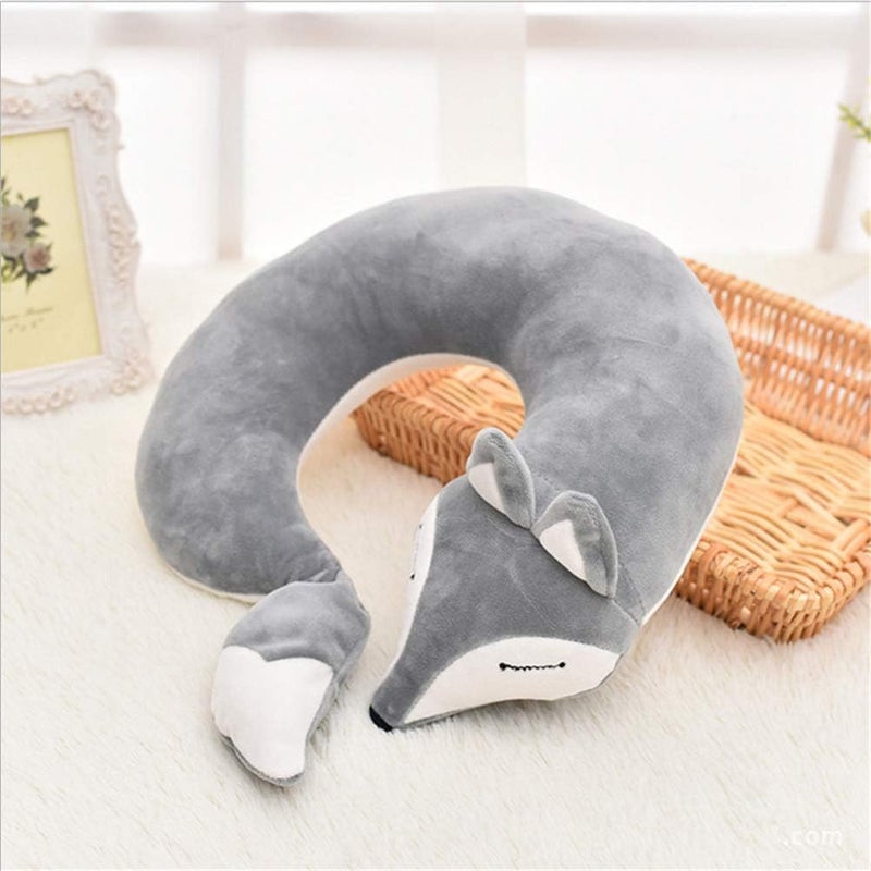 jidachuang Travel Pillows Planes Fox Animal U-Shaped Neck Pillow Plush Fur Warm Cartoon Comfortable Luggage Pillow for Airplanes Car Train (A-Grey) - Image 2