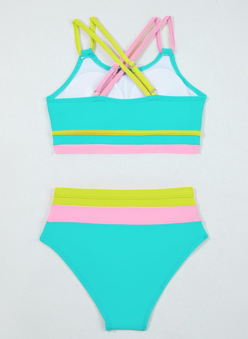 blibean Tween Girls Swimsuit Colorblock Teen Bikini Sets Big Kids 2 Piece Bathing Suits Junior Cute Swimwear Sporty Swimming Suit 2026 Traje BaÃ±o NiÃ±as Size 8-9 Year Old Aruba Blue - Image 4