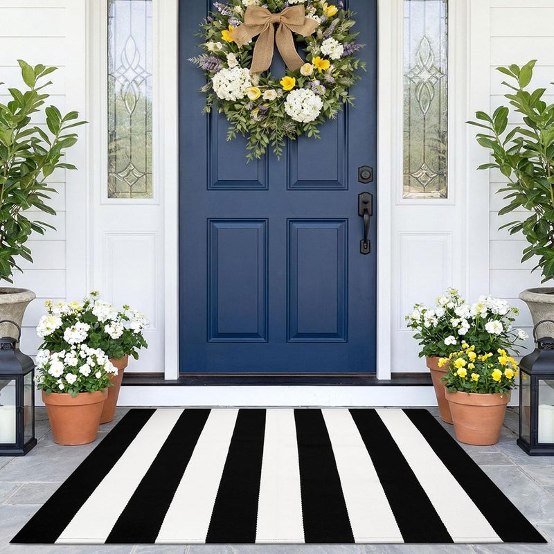 KOZYFLY Black and White Area Rug 27.5x43 Inches Striped Front Door Rug Cotton Washable Indoor Outdoor Rug Doormats Outdoor Small Striped Rugs for Kitchen Entryway Patio Front Porch Decor - Image 1