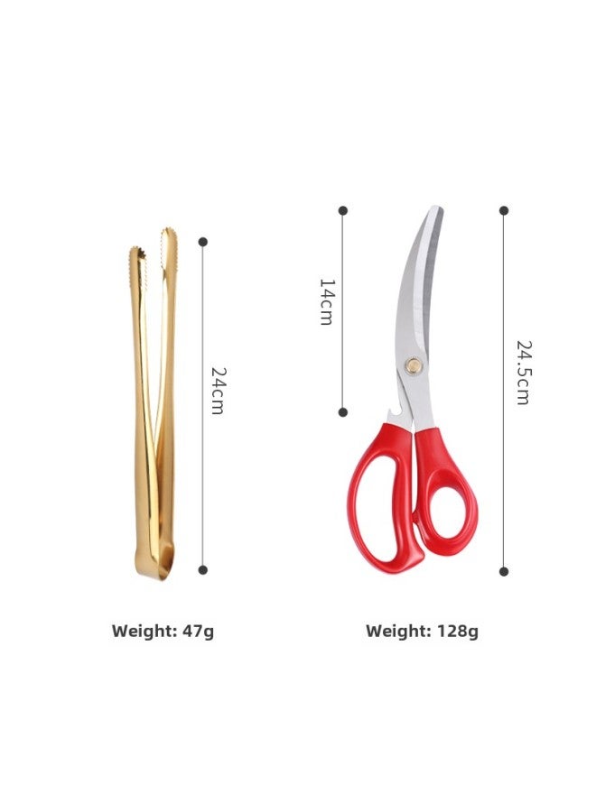 Japanese-style 304 Stainless Steel Barbecue Clip Golden Barbecue Clip Extended Food Clip Steak Clip BBQ Buffet Food Clip-Color:Bare Body Clip 24cm (gold) + Red Scissors - Image 1