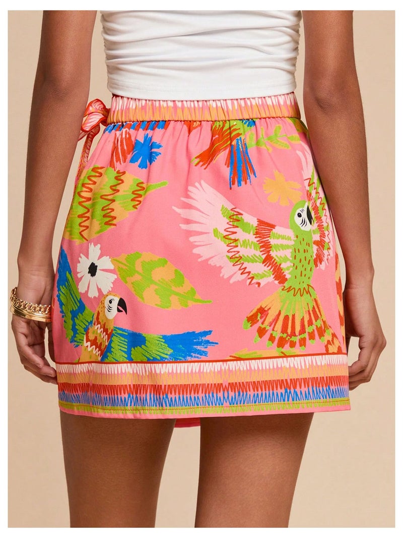 MakeMeChic Women's Summer Boho Wrap Mini Skirt Beach Vacation Short Skirts Pink Bird Print Small - Image 3