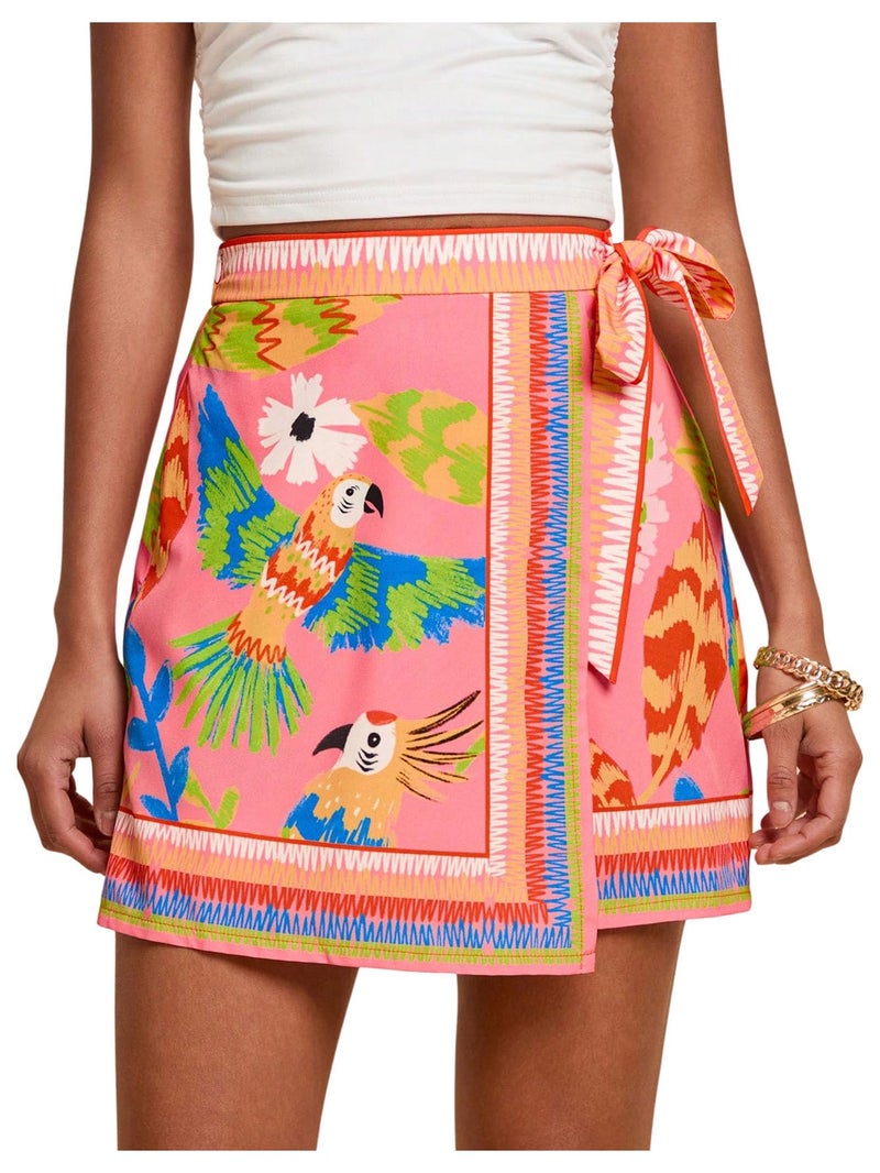 MakeMeChic Women's Summer Boho Wrap Mini Skirt Beach Vacation Short Skirts Pink Bird Print Small - Image 1