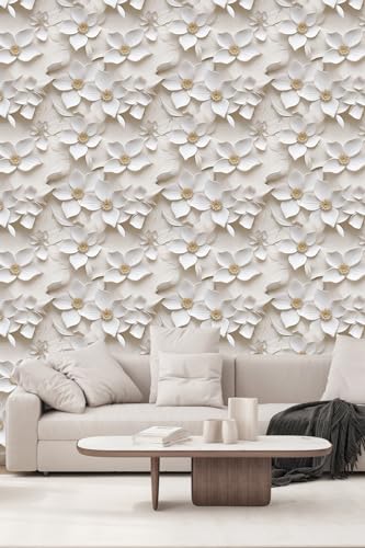 weiseni Peel and Stick Wallpaper for Bedroom Modern 3D Beige and White Floral Self Adhesive Removable Renter Friendly 3D Contact Paper Countertops 177x3937Not Textured Wall Paper - Image 3