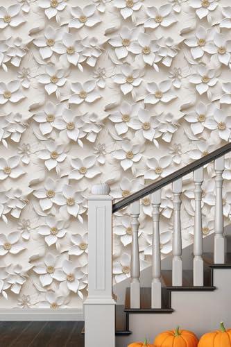 weiseni Peel and Stick Wallpaper for Bedroom Modern 3D Beige and White Floral Self Adhesive Removable Renter Friendly 3D Contact Paper Countertops 177x3937Not Textured Wall Paper - Image 1