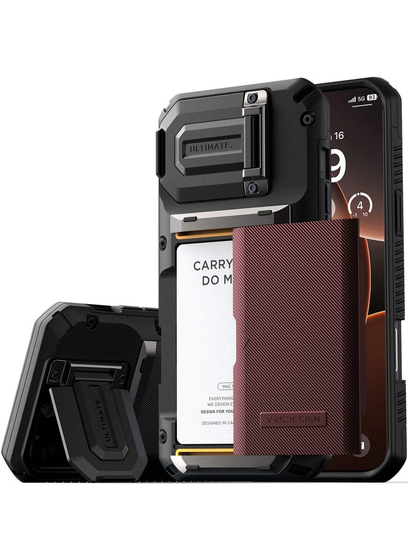 VRS Design Damda Glide Duo Guard iPhone 16 Pro MAX Case Cover Wallet with Semi Automatic Credit Card Holder Slot [4 Cards] & Camera Lens Protector Kickstand - Metallic Red  - Image 1