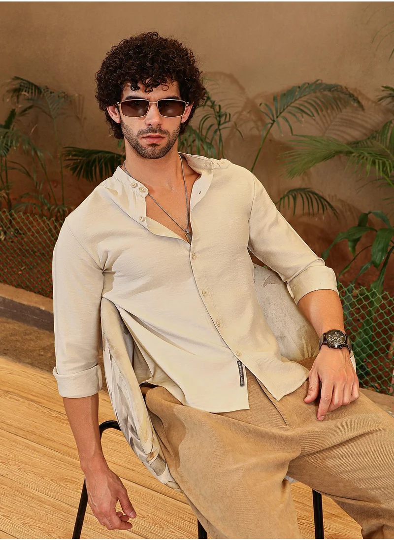 كامبوس سوترا Men's Ecru Beige Breezy Mandarin Shirt