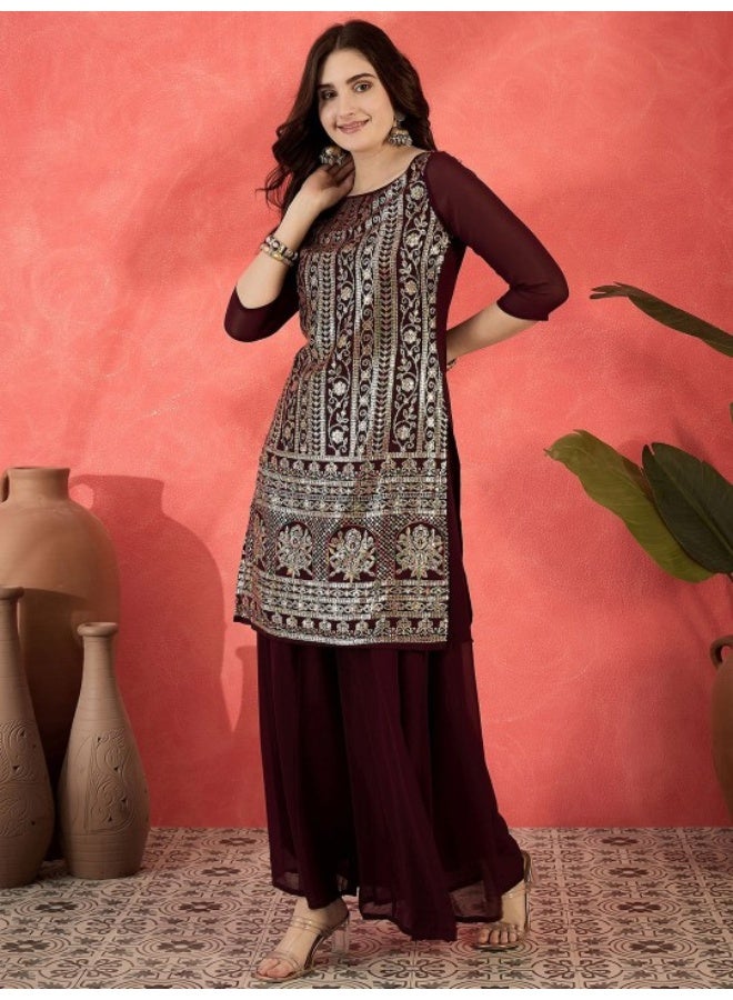 AKS Maroon Sequinned Kurta Skirt Set  - Image 4
