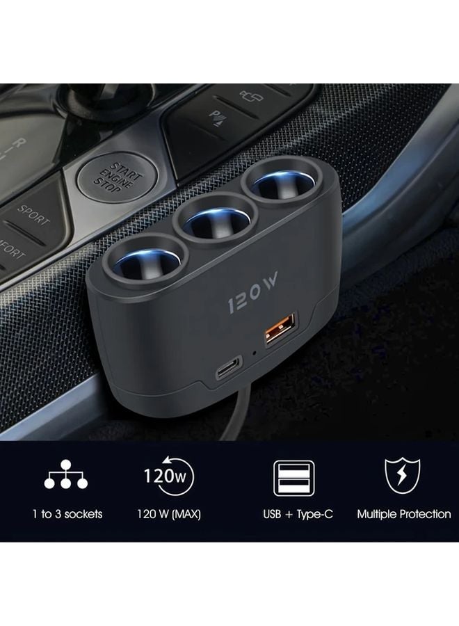 Black Multi Port Car Cigarette Lighter Adapter 12V 24V with 3 Sockets 120W Max Output - Image 2