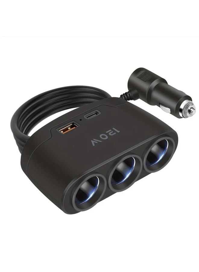 Black Multi Port Car Cigarette Lighter Adapter 12V 24V with 3 Sockets 120W Max Output - Image 1