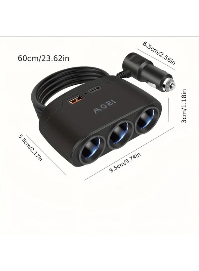 Black Multi Port Car Cigarette Lighter Adapter 12V 24V with 3 Sockets 120W Max Output - Image 4