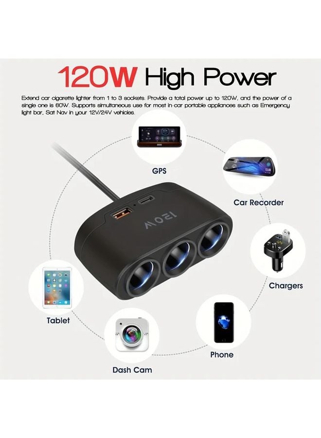 Black Multi Port Car Cigarette Lighter Adapter 12V 24V with 3 Sockets 120W Max Output - Image 5