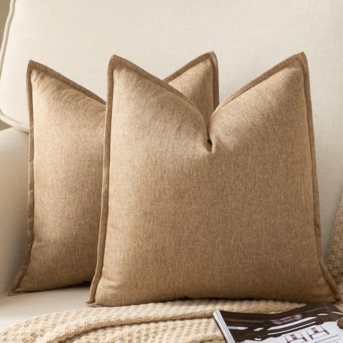 Yaertun Pack of 2 Decorative Linen Soild Throw Pillow Covers Farmhouse Neutral Cushion Covers Pillowcase for Chair Couch Sofa Bedroom Living Room Home Decor 26 x 26 Inch Camel - Image 1