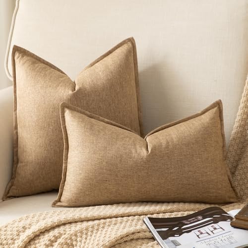 Yaertun Pack of 2 Decorative Linen Soild Throw Pillow Covers Farmhouse Neutral Cushion Covers Pillowcase for Chair Couch Sofa Bedroom Living Room Home Decor 26 x 26 Inch Camel - Image 5