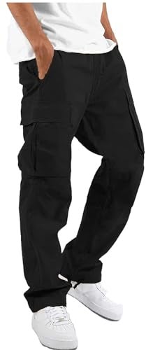 HUNGSON Mens Cargo Pants Drawstring Casual Hiking Pants Joggers Athletic Trousers Cotton Loose Straight Sweatpants for Men Black - Image 1